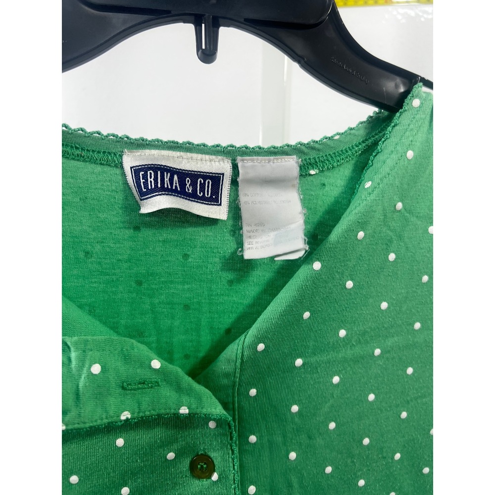 Erika & Co Womens Green Polka Dot Pointelle Knit Button Up Short Sleeve Top XL‎
